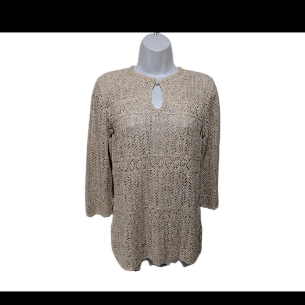 Beige Crochet Knit Top Vintage Womens S Union Tag Made In USA #drs17